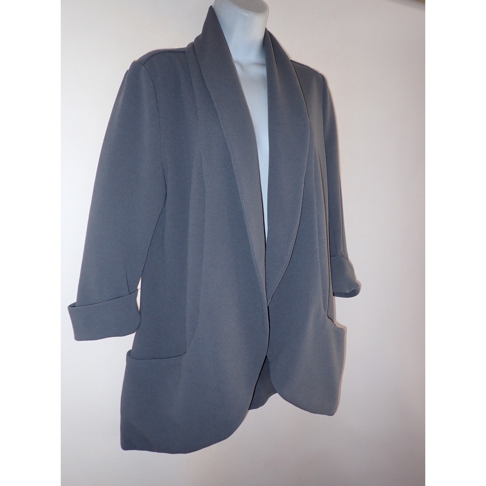 French Mauve Knit Tunic Blazer Women L Gray Open Stretch Pockets Business Casual - Picture 2 of 5